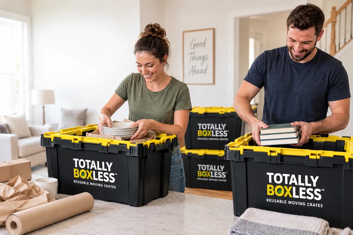 A couple packing plates and books into Totally Boxless crates on a kitchen island, with packing paper and a cardboard box beside them