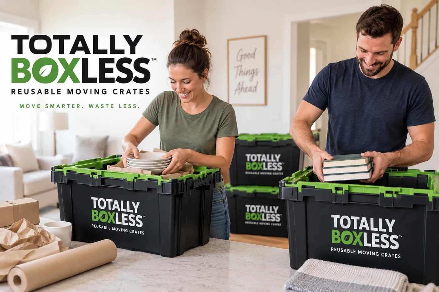 A couple packing plates and books into Totally Boxless crates on a kitchen island, with packing paper and a cardboard box beside them