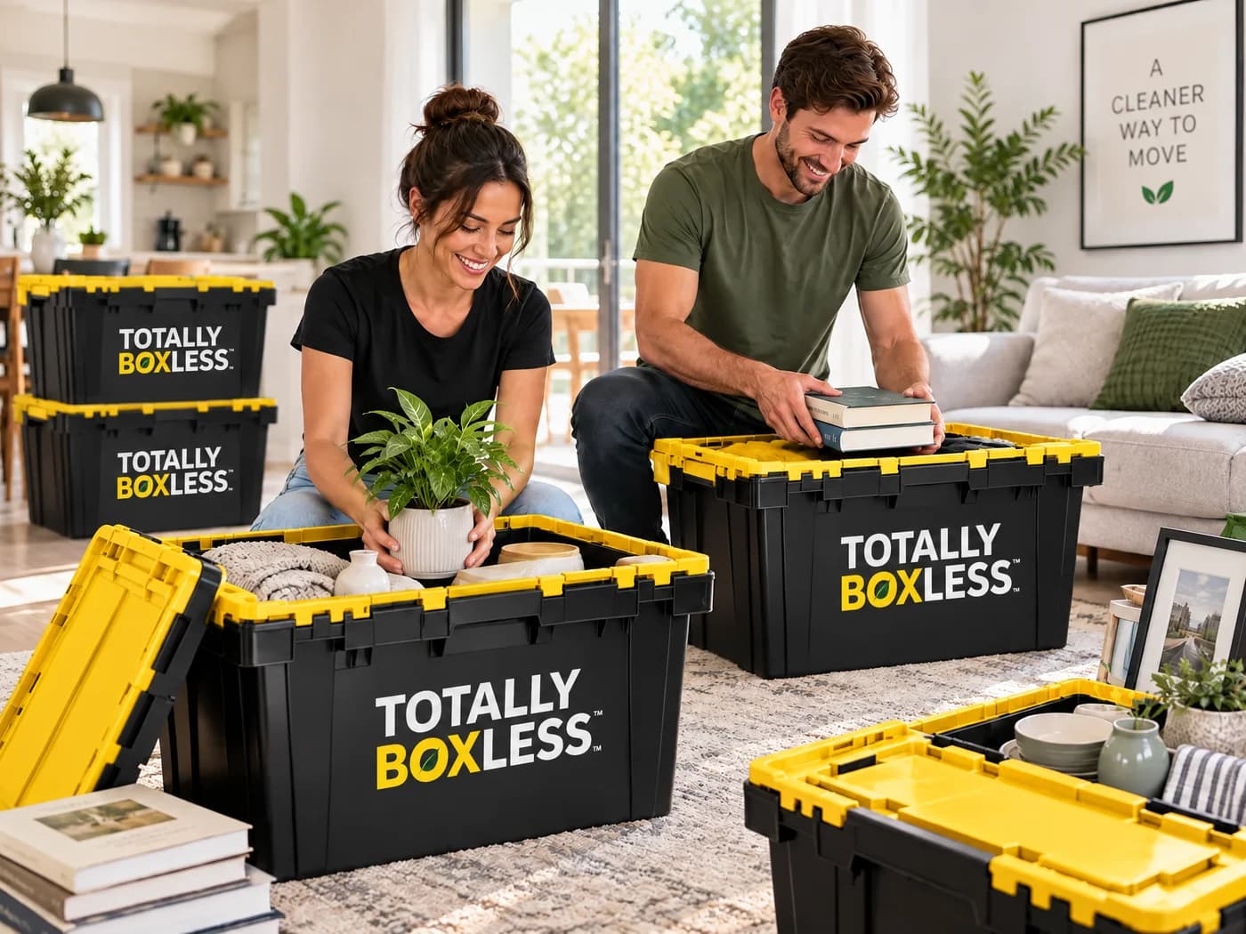 A couple packing a houseplant, books and kitchen items into black Totally Boxless crates with yellow lids in a bright living room