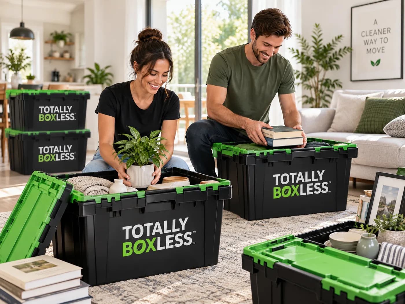 A couple packing a houseplant, books and kitchen items into Totally Boxless crates in a bright living room